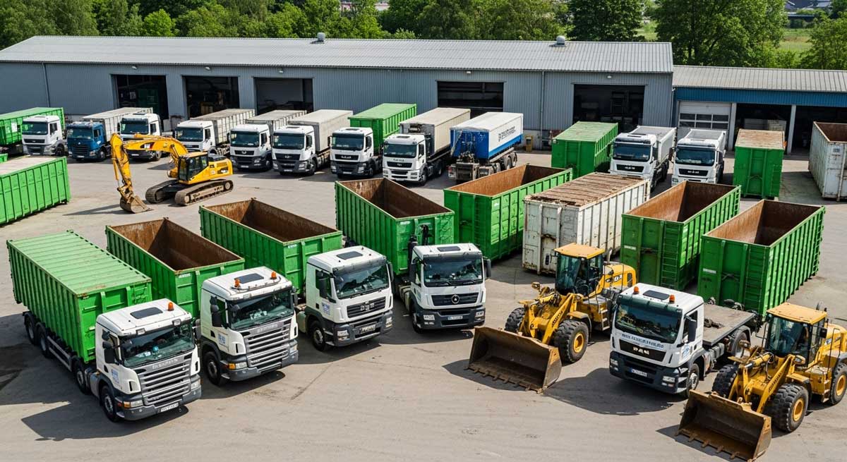 Großer Fuhrpark mit Container-LKW, Absetzkippern und Baumaschinen von RheinMain Container & Recycling