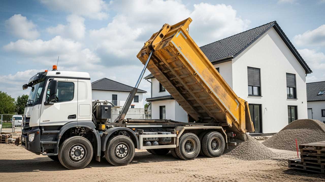 Kipper-LKW bei Schüttgut-Lieferung von Sand und Kies auf Baustelle